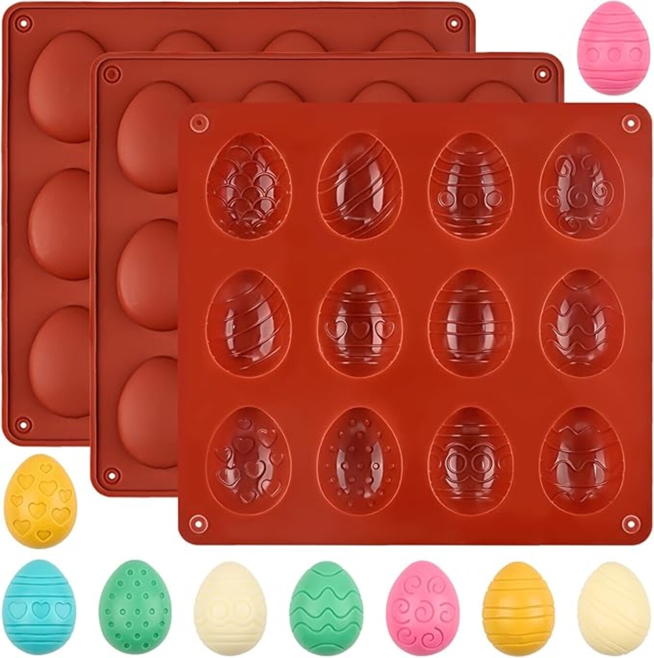 Easter Silicone Chocolate Molds, 3 Packs Egg Shaped Candy Mold Non Stick Baking Pan for DIY Chocolate, Fondant, Gummy, Jelly, Hot Chocolate Bomb, Cake Topper